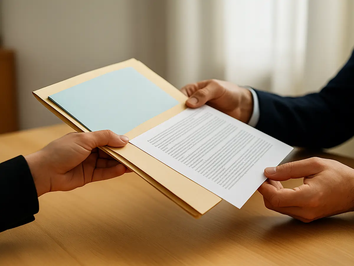 Close-up of two professionals exchanging a manila folder and legal documents at a wooden desk, symbolizing the collaboration between a private investigator and a family law attorney in a child custody battle in Phoenix, Arizona.