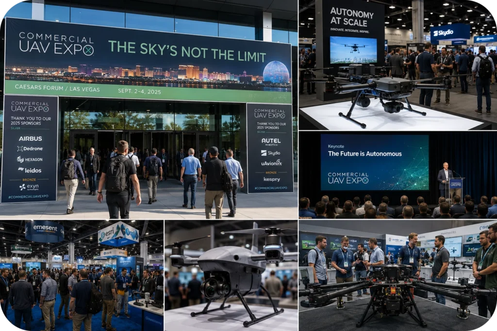 People walking outside and inside the Commercial UAV Exposition where attendees are standing near and inside vendor booths and looking at new drone technology