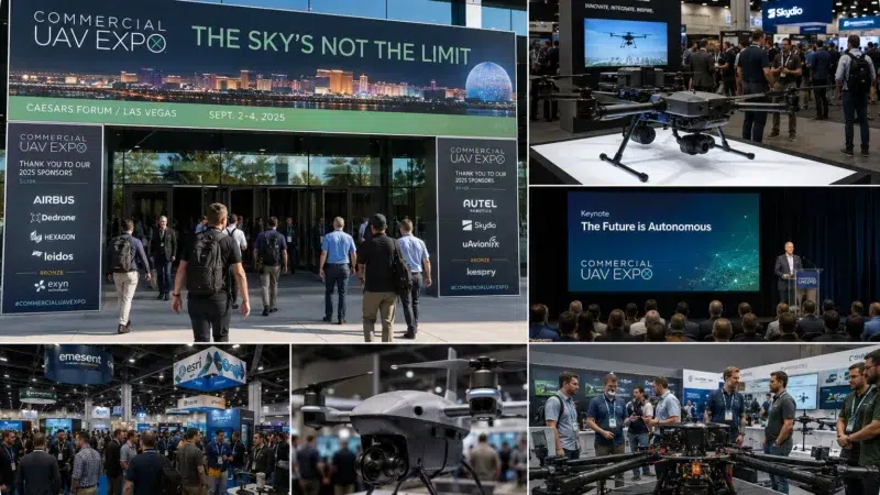People walking outside and inside the Commercial UAV Exposition where attendees are standing near and inside vendor booths and looking at new drone technology