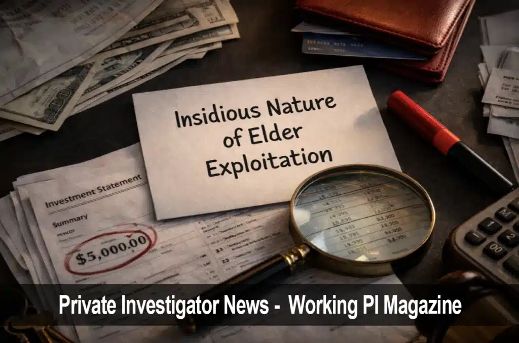 Magnifying glass over financial documents representing an elder exploitation investigations