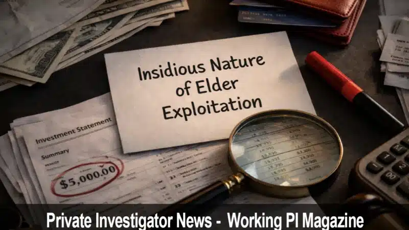 Magnifying glass over financial documents representing an elder exploitation investigations