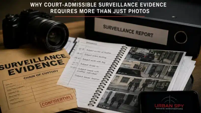 Image of desktop with a surveillance evidence folder, photos and a black surveillance report binder