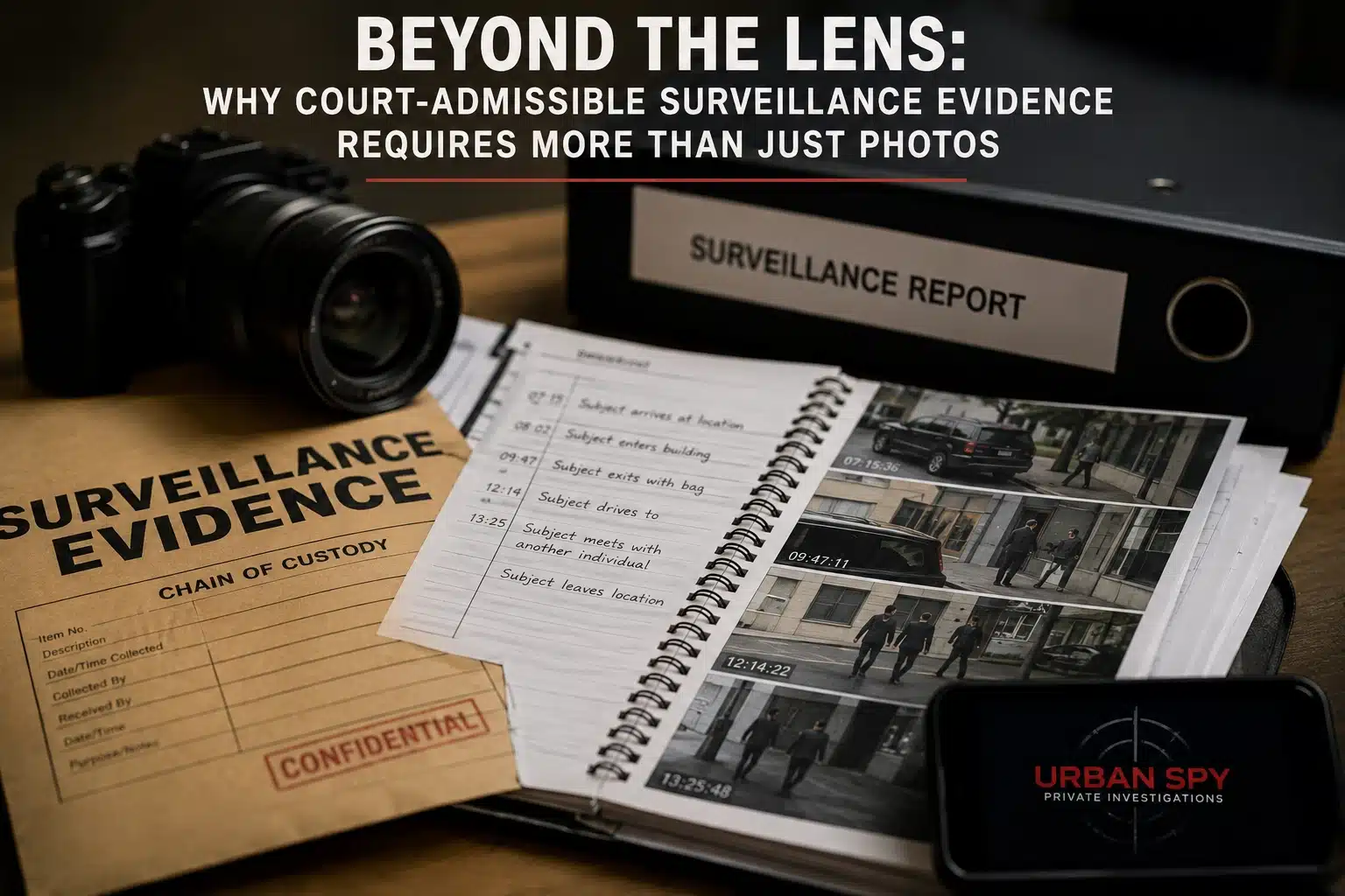 Image of desktop with a surveillance evidence folder, photos and a black surveillance report binder