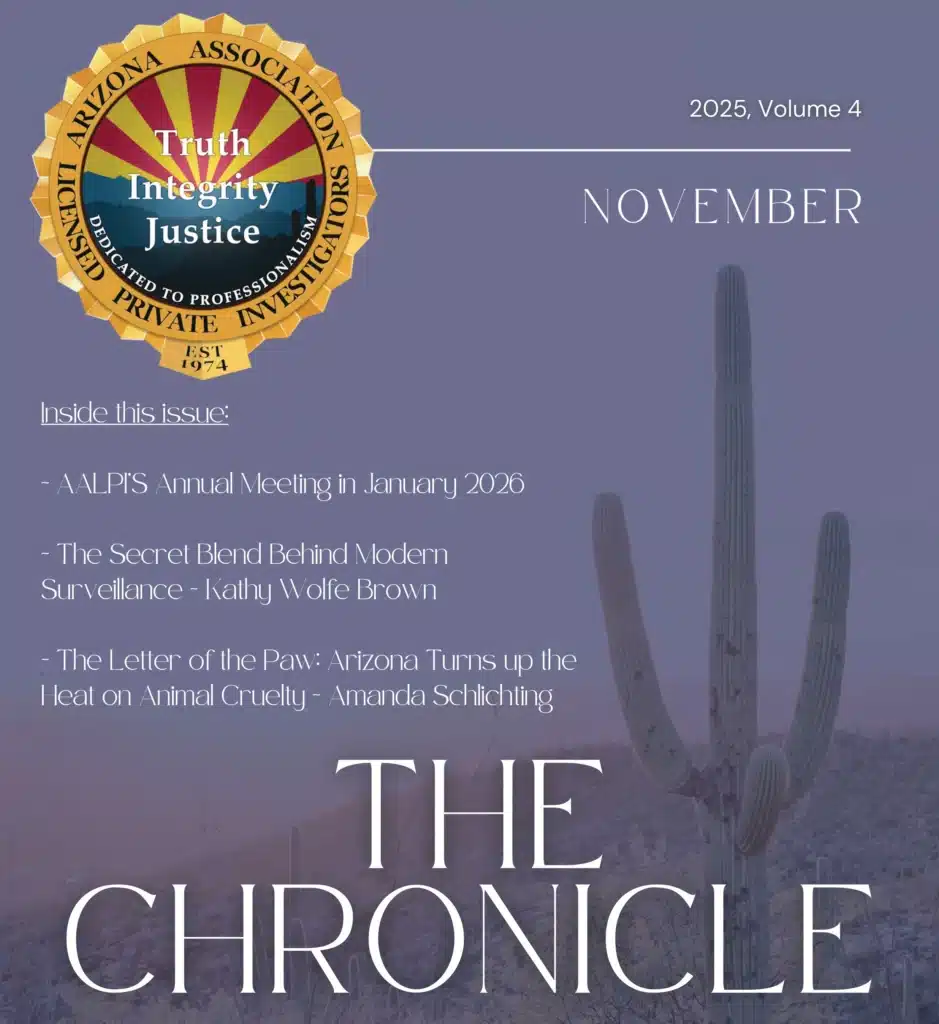 Urban Spy Article from AALPI Chronicle Issue from November 2025 with muted image of arizona desert behind the article titles