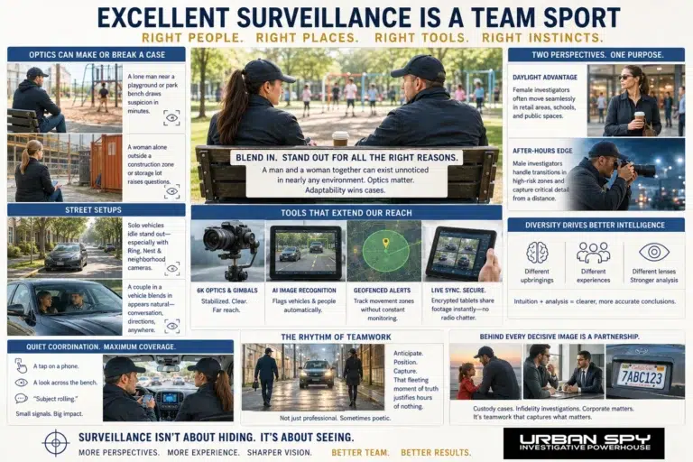 Male and female private investigators conducting coordinated surveillance using advanced technology and teamwork.