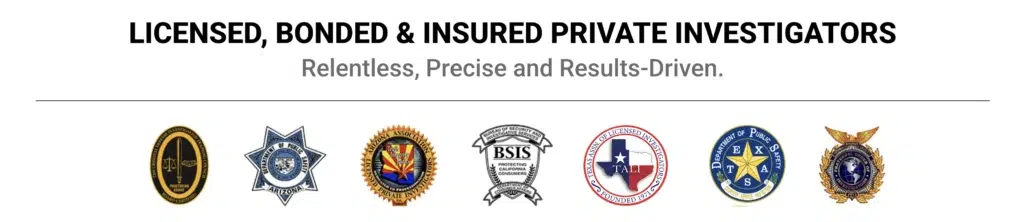 Licensed, bonded and insured Urban Spy private investigators—relentless, precise and results-driven—with regulatory and professional association logos.